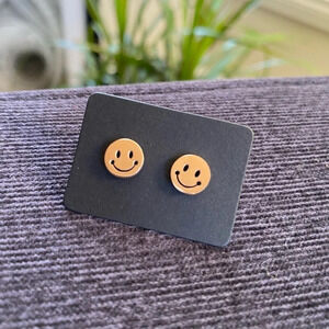 Happy Face Tiny Gold Tone  Stud Earrings Pierced